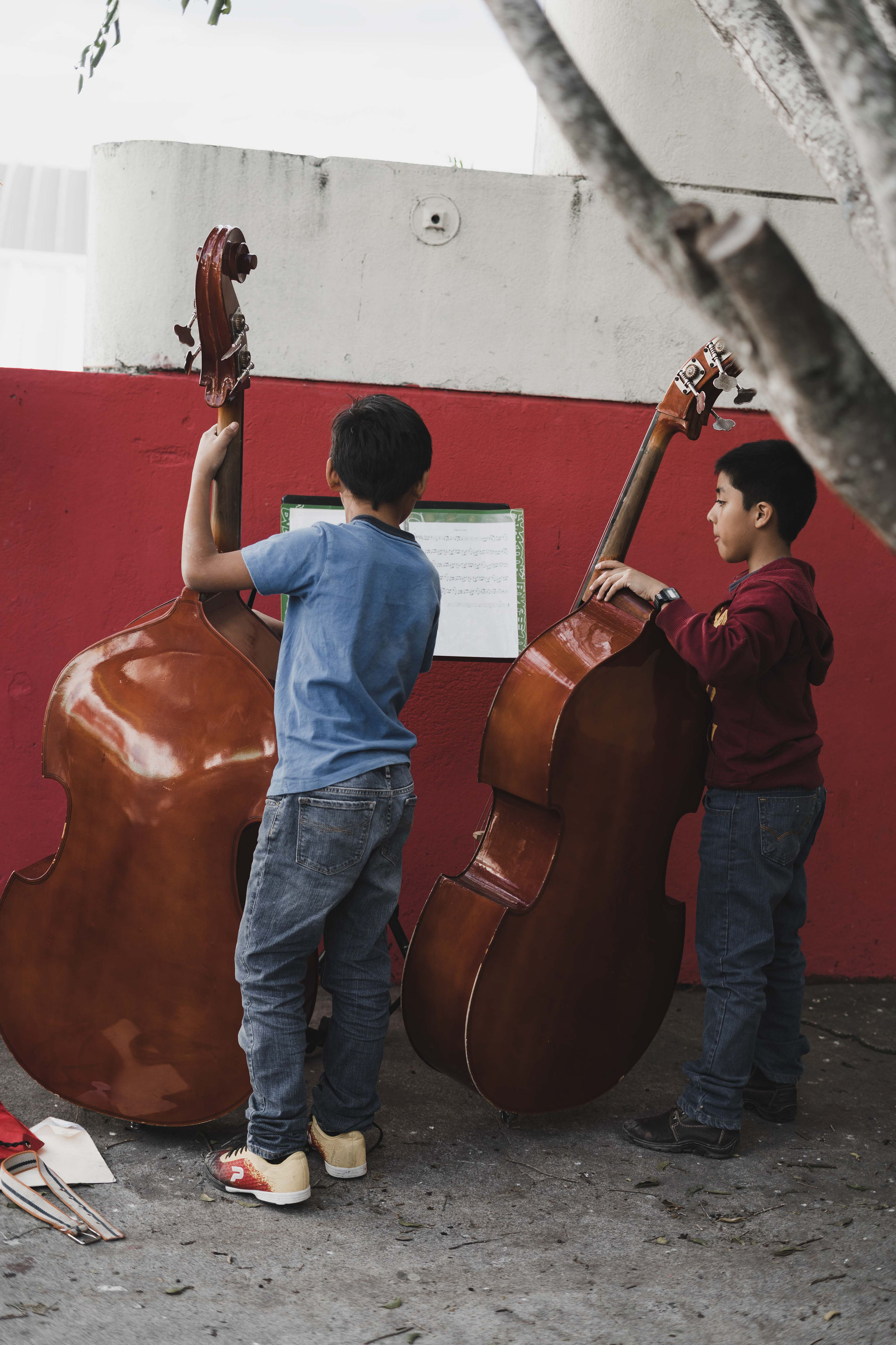 Two students carrying double basses to rehearsal